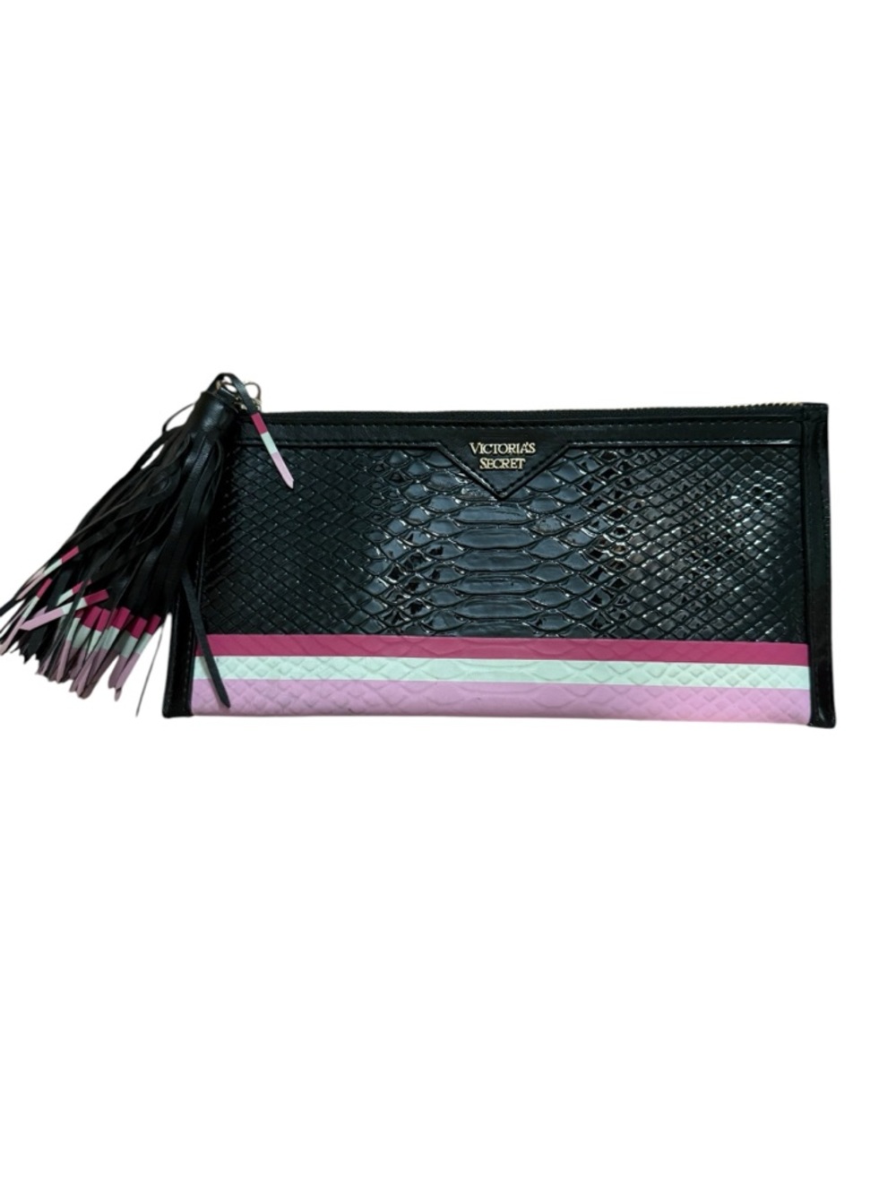 Victoria's Secret Black and Pink Snakeskin Tassel Clutch